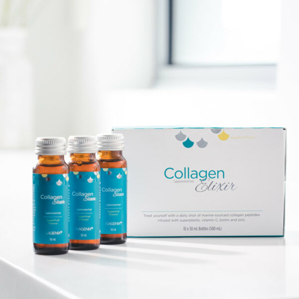 Collagen elixir displayed on white bench with packaging